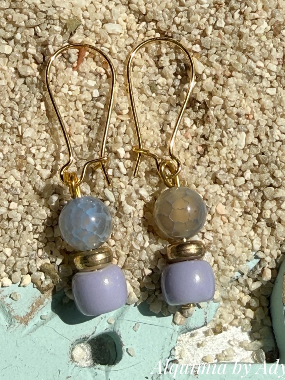 Aquamarine Gold-Tone Earrings with Lavender and Pale Blue Beads